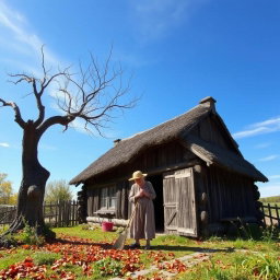 An old woman sweeping the yard of a charming, weathered cottage, wearing a simple dress and a sunhat