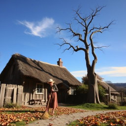 An old woman sweeping the yard of a charming, weathered cottage, wearing a simple dress and a sunhat