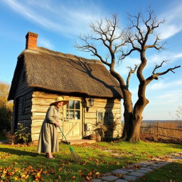 An old woman sweeping the yard of a charming, weathered cottage, wearing a simple dress and a sunhat
