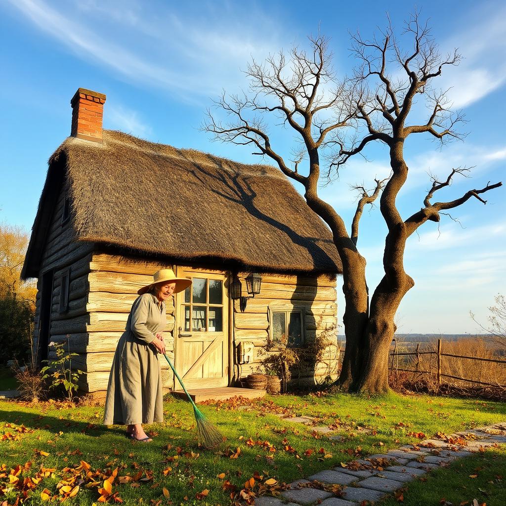 An old woman sweeping the yard of a charming, weathered cottage, wearing a simple dress and a sunhat