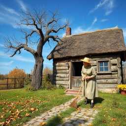 An old woman sweeping the yard of a charming, weathered cottage, wearing a simple dress and a sunhat