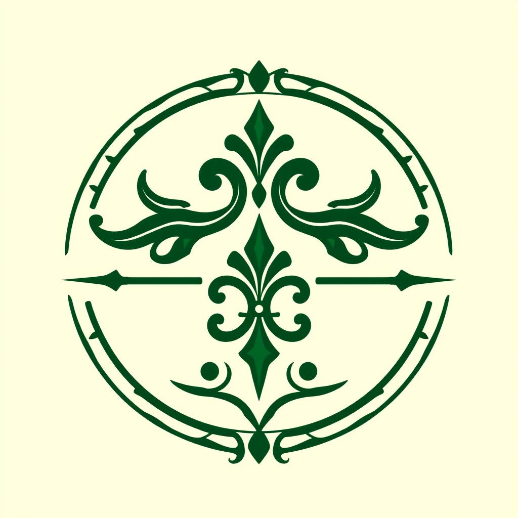A stylized logo inspired by the aesthetics of historical insignia, featuring a prominent design element in a deep, vibrant green color