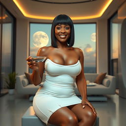 A realistic full-body image of a mature woman, around 50 years old, with straight black hair and light brown mulatto features