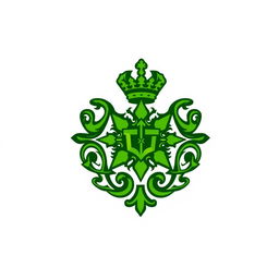 A stylized logo inspired by historical insignia, predominantly featuring a bold and vibrant green color