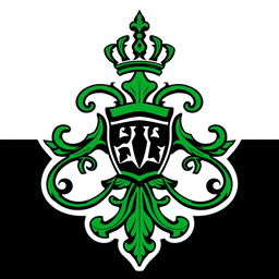 A stylized logo inspired by historical insignia, predominantly featuring a bold and vibrant green color