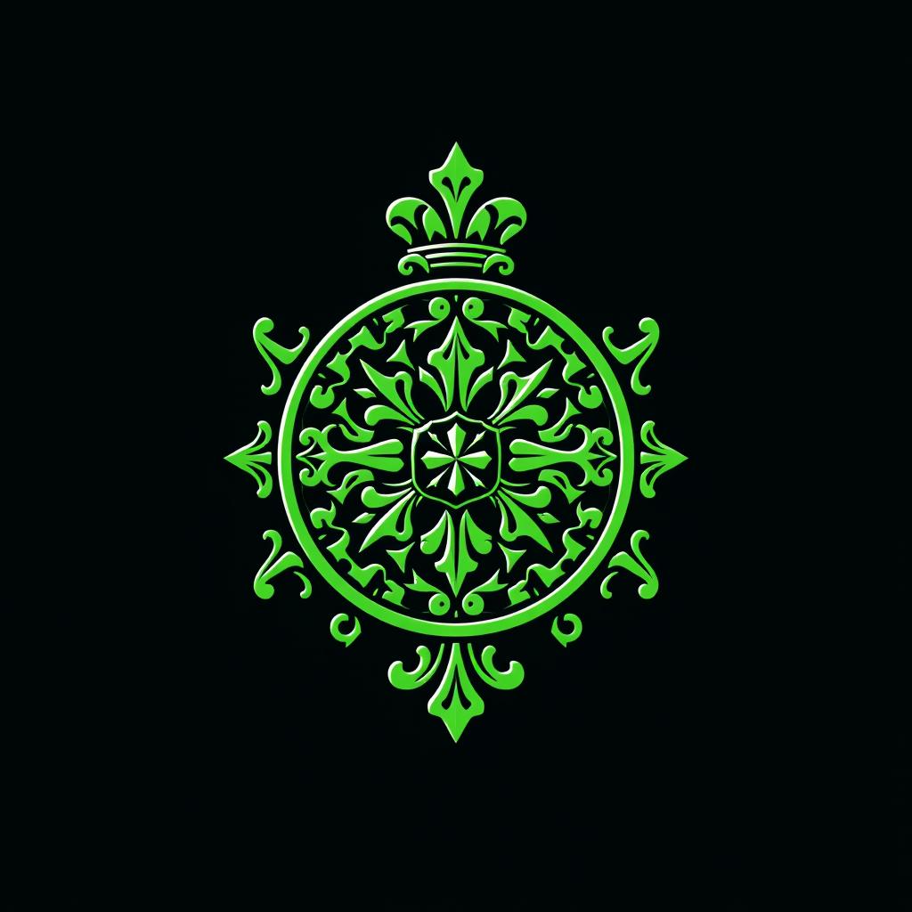A stylized logo inspired by historical insignia, predominantly featuring a bold and vibrant green color
