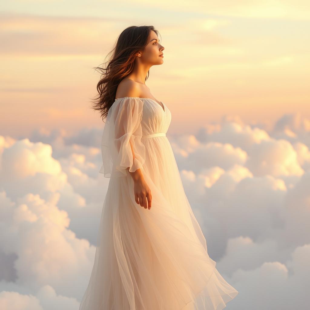 A serene and enchanting scene depicting a woman standing in the vast sky, surrounded by fluffy white clouds and soft pastel colors of sunrise or sunset
