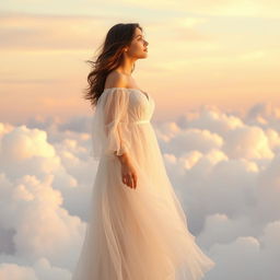 A serene and enchanting scene depicting a woman standing in the vast sky, surrounded by fluffy white clouds and soft pastel colors of sunrise or sunset