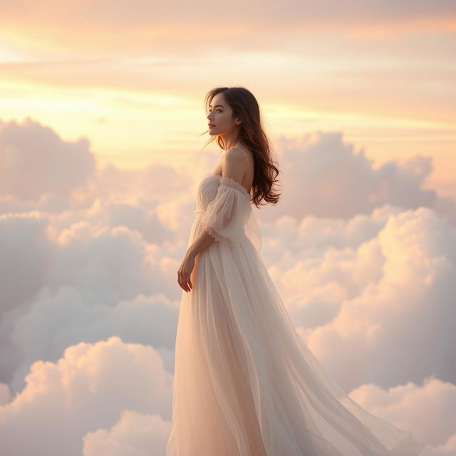 A serene and enchanting scene depicting a woman standing in the vast sky, surrounded by fluffy white clouds and soft pastel colors of sunrise or sunset