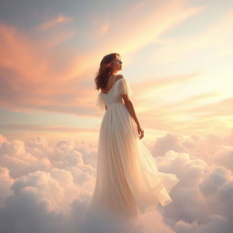A serene and enchanting scene depicting a woman standing in the vast sky, surrounded by fluffy white clouds and soft pastel colors of sunrise or sunset