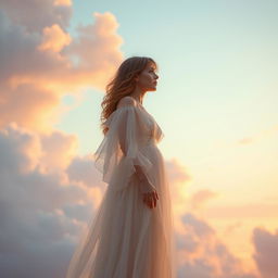 A serene and enchanting scene depicting a woman standing in the vast sky, surrounded by fluffy white clouds and soft pastel colors of sunrise or sunset