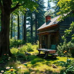 A scene depicting the yard of an old forest cabin, lush with vibrant green foliage and various wildflowers scattered around