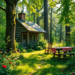 A scene depicting the yard of an old forest cabin, lush with vibrant green foliage and various wildflowers scattered around