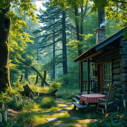 A scene depicting the yard of an old forest cabin, lush with vibrant green foliage and various wildflowers scattered around