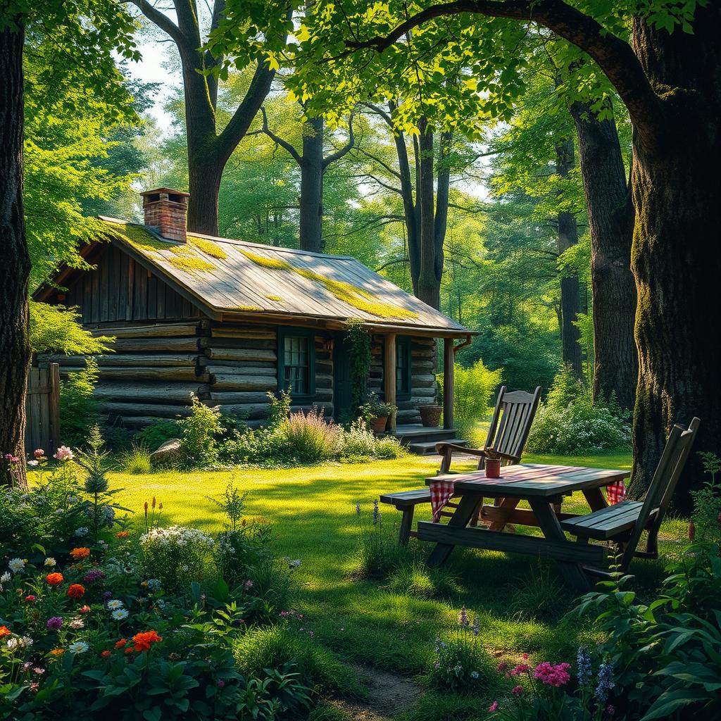 A scene depicting the yard of an old forest cabin, lush with vibrant green foliage and various wildflowers scattered around
