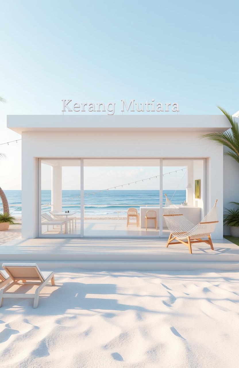 A dreamy 3D render of a modern, minimalist beachside restaurant named 'Kerang Mutiara'
