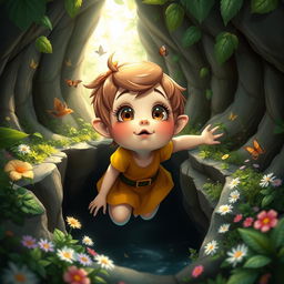A cute dwarf girl who has fallen into a deep pit, looking up with a mixture of surprise and determination