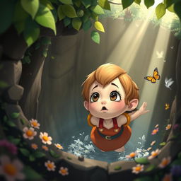 A cute dwarf girl who has fallen into a deep pit, looking up with a mixture of surprise and determination