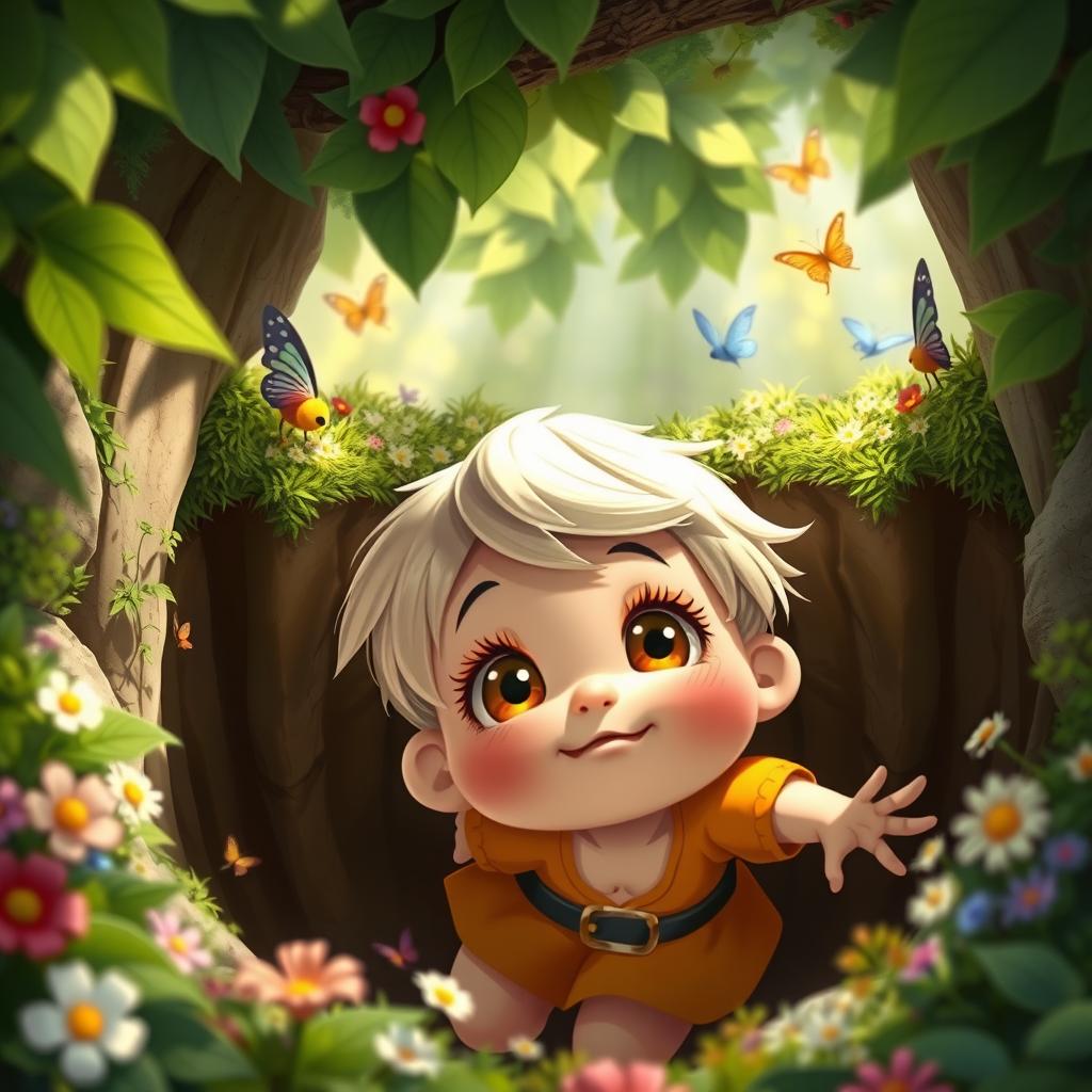 A cute dwarf girl who has fallen into a deep pit, looking up with a mixture of surprise and determination