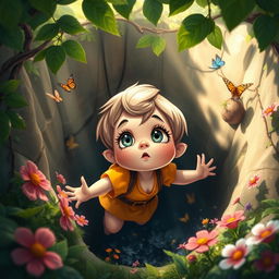 A cute dwarf girl who has fallen into a deep pit, looking up with a mixture of surprise and determination