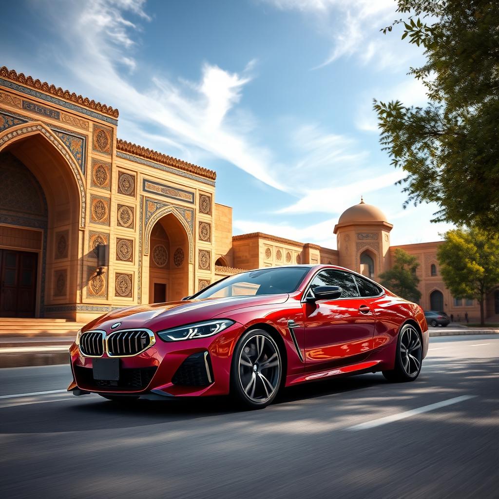 A stunning, sleek BMW car driving through the ancient streets of Iran, showcasing a beautiful blend of modern automotive design with the historical Persian architecture in the background