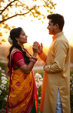 A romantic scene featuring an Indian couple in a warm sunset setting, their hands gently touching together, conveying love and intimacy