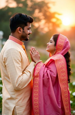 A romantic scene featuring an Indian couple in a warm sunset setting, their hands gently touching together, conveying love and intimacy