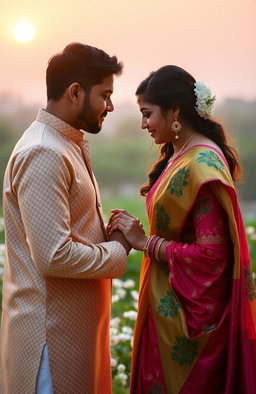 A romantic scene featuring an Indian couple in a warm sunset setting, their hands gently touching together, conveying love and intimacy
