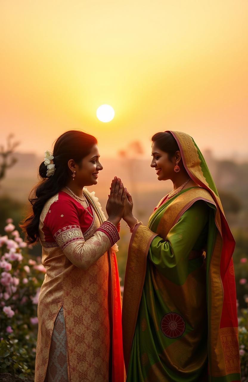 A romantic scene featuring an Indian couple in a warm sunset setting, their hands gently touching together, conveying love and intimacy