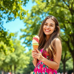 A cheerful young woman with long, flowing hair, standing in a sunny park