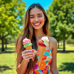 A cheerful young woman with long, flowing hair, standing in a sunny park