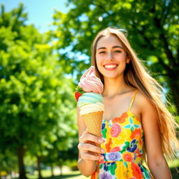 A cheerful young woman with long, flowing hair, standing in a sunny park
