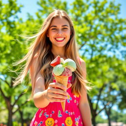 A cheerful young woman with long, flowing hair, standing in a sunny park