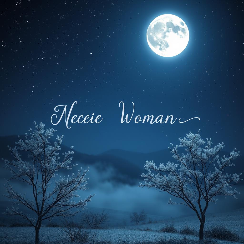 A serene and mystical night scene, where the name of a woman, ethereal and enchanting, is softly whispered in the cold night air