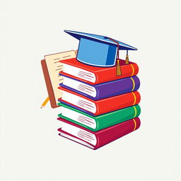 A logo design featuring a stack of colorful books with a graduation cap placed atop them