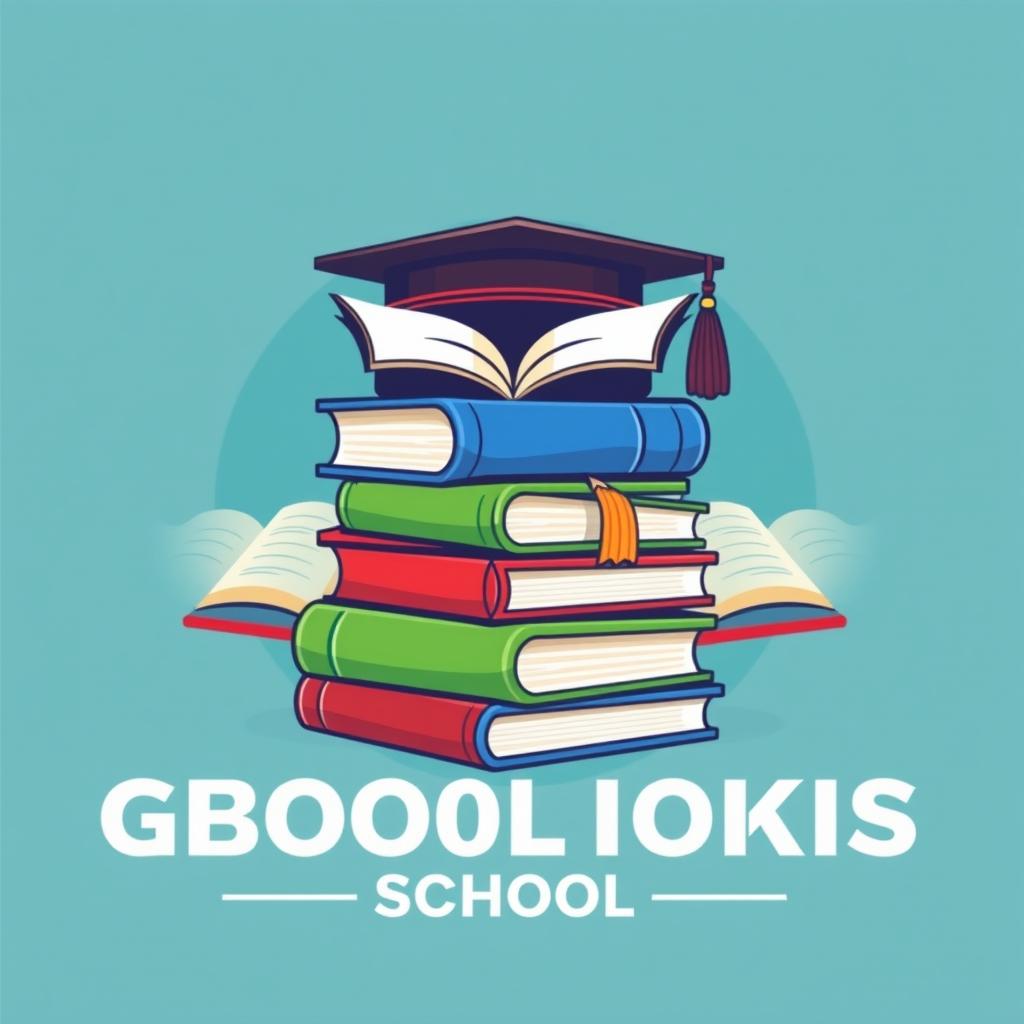 A logo design featuring a stack of colorful books with a graduation cap placed atop them