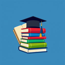 A logo design featuring a stack of colorful books with a graduation cap placed atop them