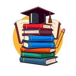 A logo design featuring a stack of colorful books with a graduation cap placed atop them