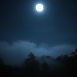 A serene and mysterious nighttime setting, featuring a dark, starry sky illuminated by a full moon casting soft light over a tranquil landscape