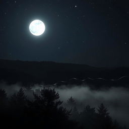 A serene and mysterious nighttime setting, featuring a dark, starry sky illuminated by a full moon casting soft light over a tranquil landscape
