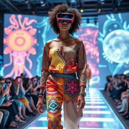 A futuristic virtual fashion show, showcasing a diverse model wearing augmented reality (AR) clothing that changes patterns and colors dynamically