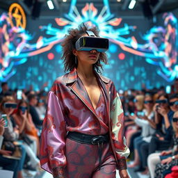 A futuristic virtual fashion show, showcasing a diverse model wearing augmented reality (AR) clothing that changes patterns and colors dynamically