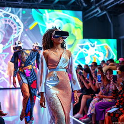 A futuristic virtual fashion show, showcasing a diverse model wearing augmented reality (AR) clothing that changes patterns and colors dynamically