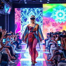 A futuristic virtual fashion show, showcasing a diverse model wearing augmented reality (AR) clothing that changes patterns and colors dynamically