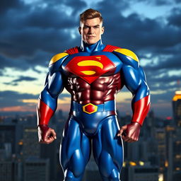 A life-sized standee of a superhero character, featuring a muscular figure in a colorful costume with a unique emblem on the chest