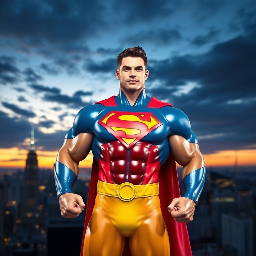 A life-sized standee of a superhero character, featuring a muscular figure in a colorful costume with a unique emblem on the chest