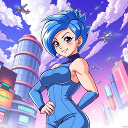 A stylish and attractive depiction of Bulma from Dragon Ball, featuring her in a confident pose, wearing a form-fitting futuristic outfit that showcases her curves