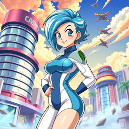 A stylish and attractive depiction of Bulma from Dragon Ball, featuring her in a confident pose, wearing a form-fitting futuristic outfit that showcases her curves