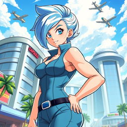 A stylish and attractive depiction of Bulma from Dragon Ball, featuring her in a confident pose, wearing a form-fitting futuristic outfit that showcases her curves