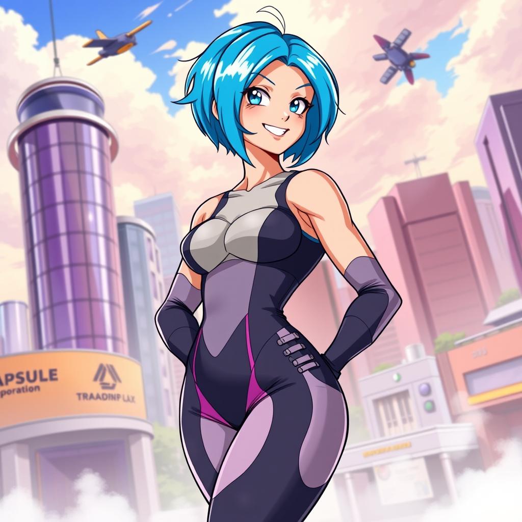 A stylish and attractive depiction of Bulma from Dragon Ball, featuring her in a confident pose, wearing a form-fitting futuristic outfit that showcases her curves